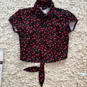 Women's Costume Pin-up top Modern Hero Black Red Cherry Button Down Shirt S